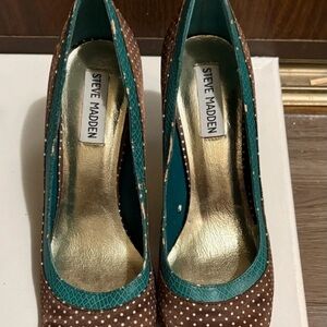 Steve Madden Brown Polka Dot Pumps with Teal Trim